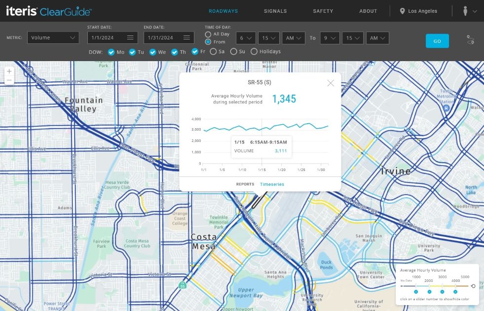 Average Hourly Vehicle Volume, as shown in the ClearGuide Roadways map with the Volumes add-on.