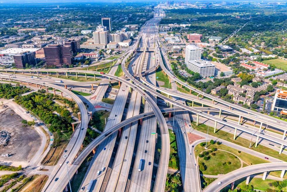 Aerial view of freeway exchange