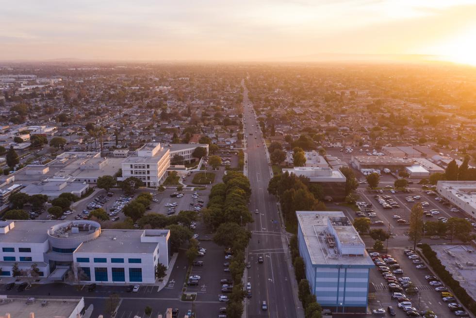 Aerial view of downtown Downey, California
